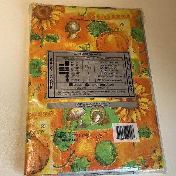 Vintage Fall Vinyl Tablecloth Flannel Backed 52x70" Oblong Mushrooms Pumpkin NOS - Picture 5 of 5
